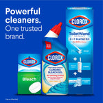Product lineup graphic showing a Clorox Clinging Bleach Gel bottle with other Clorox cleaning products on a blue background