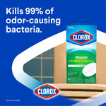 Promotional graphic with bold text claiming kills 99.9% of odor-causing bacteria and a boxed Clorox Bleach toilet tablets image
