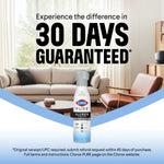 Clorox PURE spray bottle on a living room background with large text advertising a 30 day guarantee