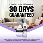 Clorox PURE Allergen Neutralizer spray and fabric spray in living room scene with '30 days guaranteed' headline