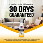 Clorox PURE spray bottle in front of a sofa with large text promising a 30 days guaranteed difference