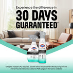 Clorox PURE Allergen Neutralizer fabric spray and matching air spray displayed in front of a living room with '30 Days Guaranteed' text