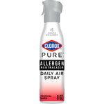 Tall Clorox PURE allergen neutralizer daily air spray can with gray nozzle and pink gradient base on white background.
