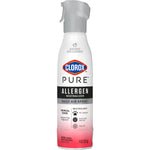 Clorox PURE allergen neutralizer daily air spray can showing label details and icons with gray spray head and pink base.