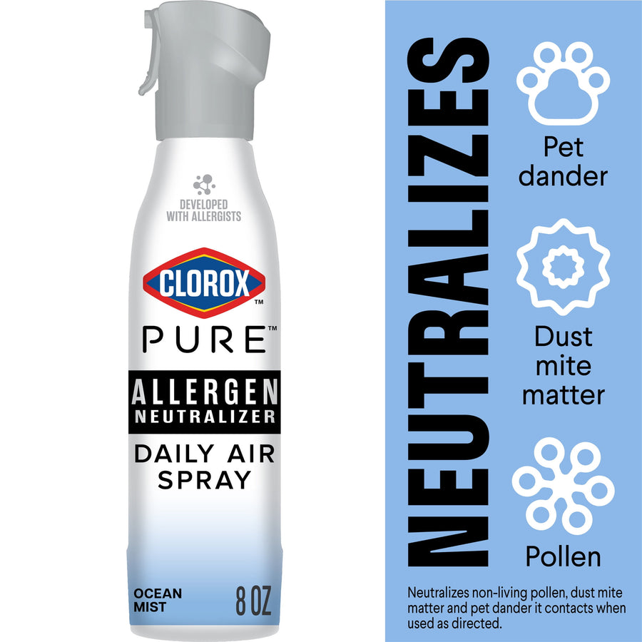Clorox PURE Allergen Neutralizer Daily Air Spray bottle with blue ocean mist gradient and neutralizes icons on right panel