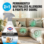 Clorox PURE Allergen spray bottle in a living room scene with cat on couch and text about neutralizing allergens and pet odors