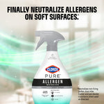 Clorox PURE Allergen Neutralizer bottle centered with soft-focus home background and swirling teal accent lines