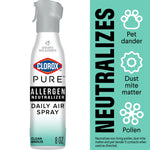 Clorox PURE Allergen Neutralizer Daily Air Spray bottle with teal gradient background and infographic listing pollen, pet dander and dust mite icons.