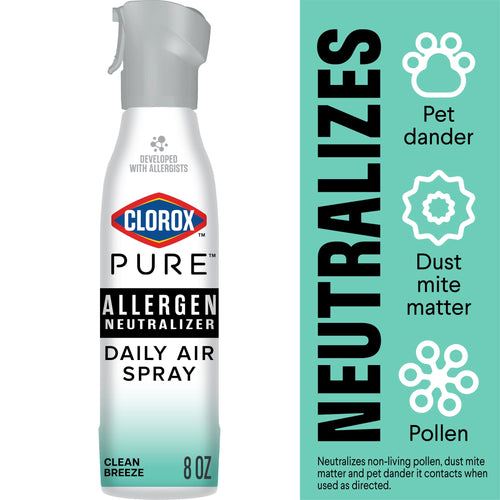 Clorox PURE Allergen Neutralizer Daily Air Spray bottle with teal gradient background and infographic listing pollen, pet dander and dust mite icons.