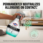 Hand holding a Clorox PURE Allergen Neutralizer spray bottle in a living room scene with allergen icons and bold headline