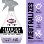 Front label close-up of a Clorox PURE Allergen Neutralizer fabric and carpet spray bottle with purple accent
