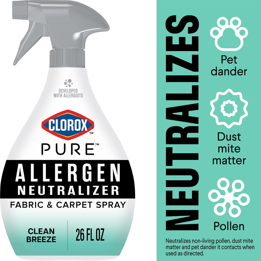 Clorox PURE Allergen Neutralizer spray bottle label close-up with teal accent and 'Neutralizes' infographic panel