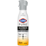 Tall Clorox PURE allergen neutralizer daily air spray bottle with gray actuator and product icons on white-to-orange gradient