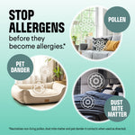 Promotional graphic showing three circular lifestyle images labeled pollen, pet dander, and dust mite matter with Clorox PURE branding