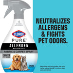 Close-up product label of a Clorox PURE Allergen fabric and carpet spray bottle with pet images and bold claim text