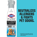 Clorox PURE Allergen Neutralizer daily air spray bottle with pets pictured and bold text claiming it neutralizes allergens and fights pet odors.