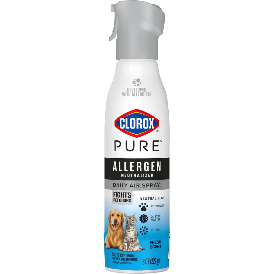Studio product shot of a Clorox PURE Allergen Neutralizer daily air spray bottle showing label, pets graphic and fresh scent callouts.