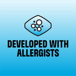 Blue gradient panel graphic with icon and bold text 'Developed with Allergists' promoting the product claim