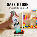 Hand holding a Clorox PURE Allergen Neutralizer can in a child’s playroom scene with shelving of toys and text stating it's safe to use around kid & pet areas.