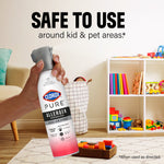 Hand holding a Clorox PURE allergen neutralizer can in a child's playroom with headline 'Safe to use around kid & pet areas'.