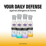 Four Clorox PURE allergen neutralizer spray bottles in different scent colors with headline about daily defense against allergens