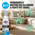 Clorox PURE spray bottle in a living room scene with icons and text stating it permanently neutralizes allergens and fights pet odors.
