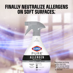 Clorox PURE Allergen Neutralizer bottle with stylized purple background and headline about neutralizing allergens on soft surfaces