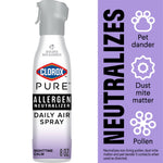 Clorox PURE Allergen Neutralizer Daily Air Spray bottle with purple gradient and vertical ‘Neutralizes’ infographic panel