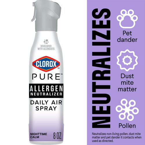 Clorox PURE Allergen Neutralizer Daily Air Spray bottle with purple gradient and vertical ‘Neutralizes’ infographic panel