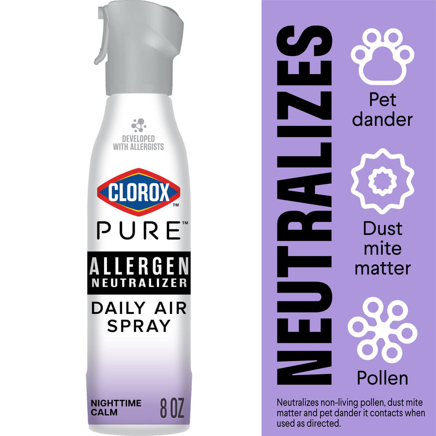 Clorox PURE Allergen Neutralizer Daily Air Spray bottle with purple gradient and vertical ‘Neutralizes’ infographic panel