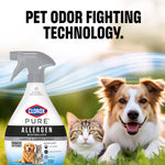 Clorox PURE Allergen spray bottle with dog and cat in grassy background and headline about pet odor fighting technology