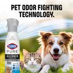 Clorox PURE spray bottle alongside a dog and cat with flowing lines and large text promoting pet odor fighting technology.
