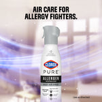 Clorox PURE Allergen Neutralizer spray can centered with stylized airflow background and headline 'Air care for allergy fighters'