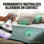 Hand spraying Clorox PURE Allergen Neutralizer onto a bed with graphic allergen icons and headline about neutralizing allergens