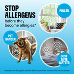 Informational blue panel showing pollen, pet dander and dust mite matter icons with headline about stopping allergens