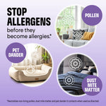 Promotional graphic showing living room, pet bed and bedroom inside circles with text urging to stop allergens and labels for pollen, pet dander, dust mite