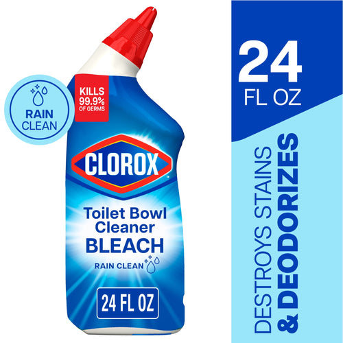 Clorox Rain Clean toilet bowl cleaner bottle with angled red cap and 24 fl oz panel on white background