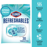 Clorox Refreshables Spring Fresh resealable pouch front with brand logo and 15 min icon