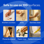 Informational graphic showing six photos of surfaces (counters, sinks, stainless, phone, toys, toilet) safe for wipes.