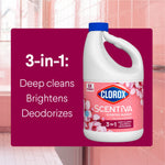 Product lifestyle graphic showing a Clorox Scentiva bottle and text listing 3-in-1: deep cleans, brightens, deodorizes