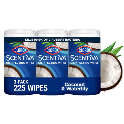 Three-pack of Clorox Scentiva disinfecting wipes tubs with coconut imagery and 225 wipes label