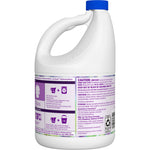 Rear view of Clorox Scentiva bleach jug showing usage directions, caution text, icons and product labeling on the back panel.
