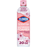 Tall pink aerosol can of Clorox Scentiva Bathroom Foamer with cherry blossom graphics and '20 oz' label