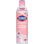 Front view of a pink Clorox Scentiva Bathroom Foamer can with cherry blossom artwork and Clorox logo