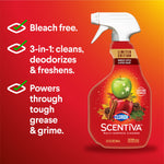 Clorox Scentiva spray bottle on a gradient background with callouts listing bleach free and cleaning benefits