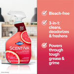 Product shot of Clorox Scentiva spray with bullet points: Bleach-free, 3-in-1 cleans deodorizes freshens, powers through grease.