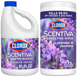 Two Clorox Scentiva products side-by-side: a jug of lavender & jasmine scented bleach and a canister of matching disinfecting wipes.