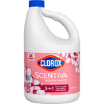 Clorox Scentiva large bleach bottle with blue cap and floral pink label showing brand logo