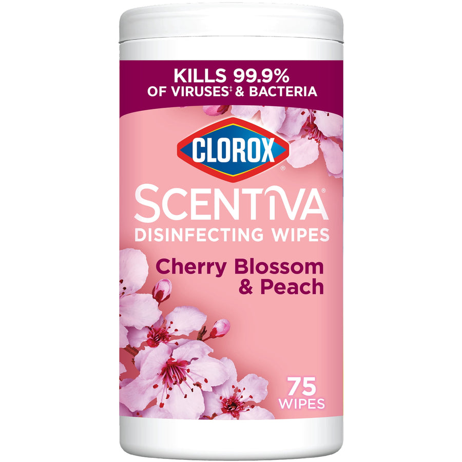 Clorox Scentiva disinfecting wipes canister in pink Cherry Blossom & Peach label with floral artwork and '75 wipes'