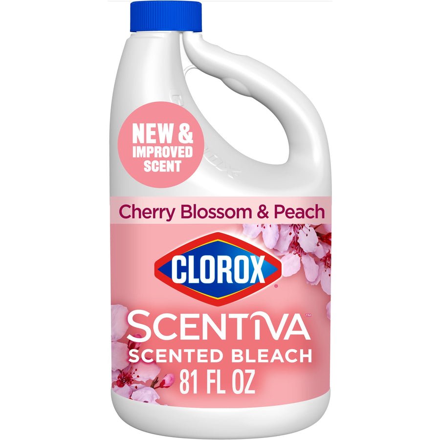 Front-facing Clorox Scentiva cherry blossom & peach scented bleach bottle with pink label and blue cap